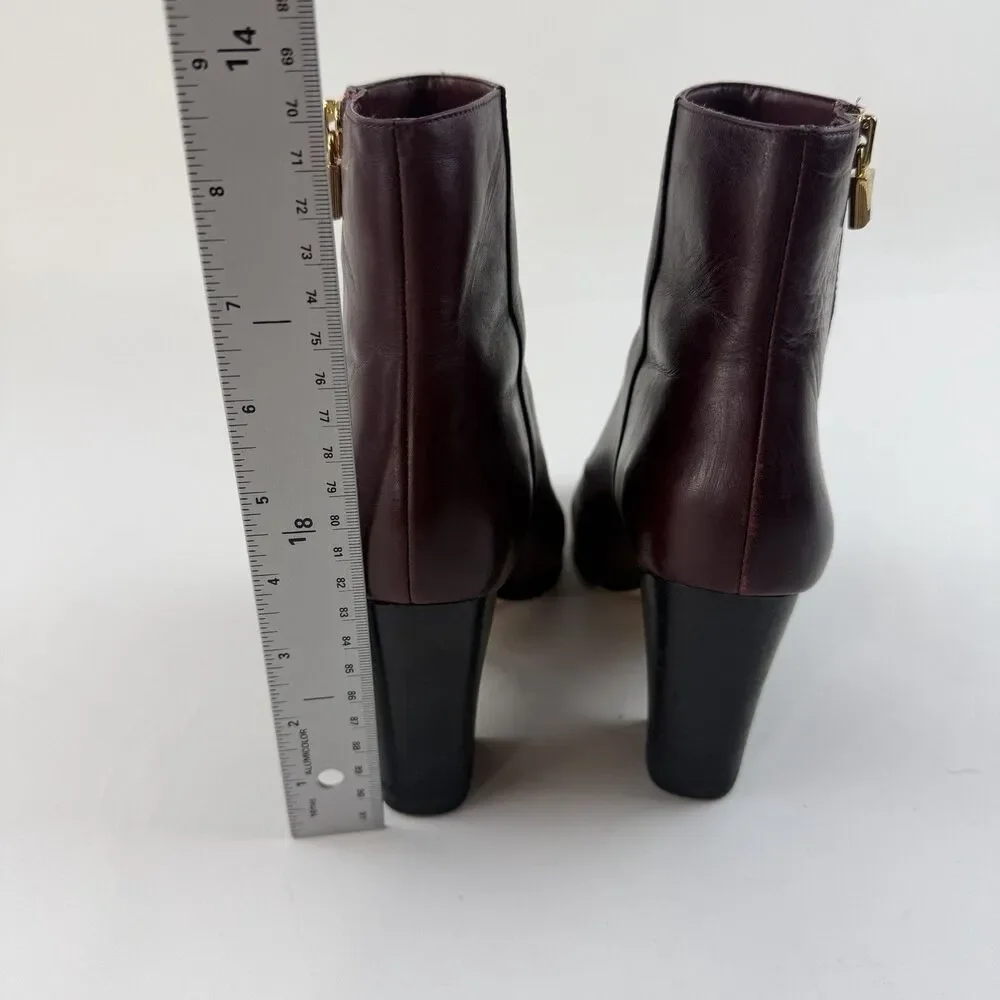 Michael Kors Womens Leather Ankle Boots Size 8M Burgundy Red Block Heel Booties